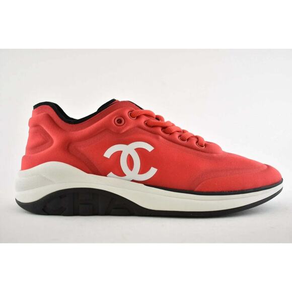 Chanel Mens 19P Red Lycra White Black CC Logo Lace Low Top Trainer Sneaker 43 10 - Picture 1 of 11